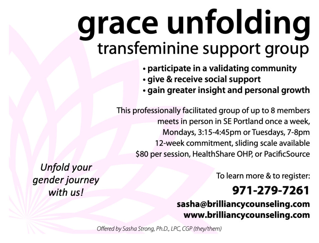 a flyer for the Grace Unfolding transfeminine support group, with a pink stylized flower motif in the background. contains substantially the same info as the webpage.